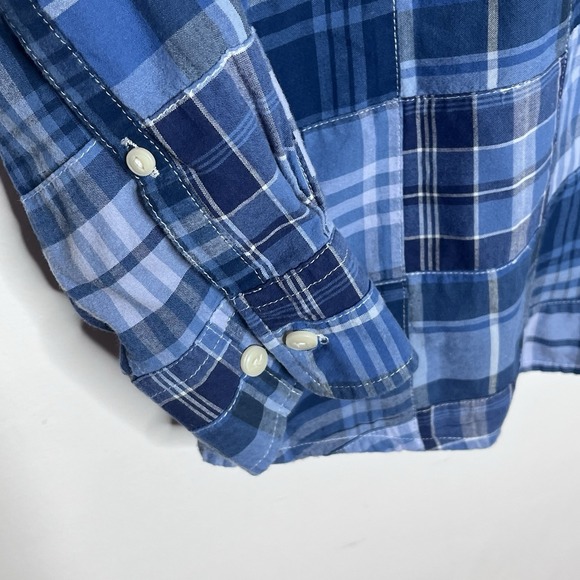 LL Bean Madras Plaid Patchwork Shirt Blue Womens L Fisherman Nautical Preppy - Picture 5 of 8